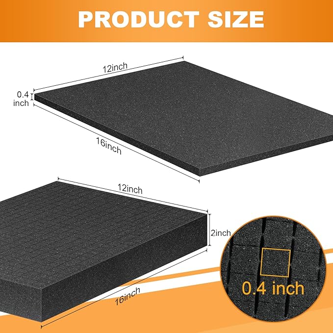 Eunice 4Pcs 16 x 12 x 0.4 Inch Polyurethane Foam Sheets & 4Pcs 16 x 12 x 2 Inch Cuttable Foam Inserts for Cases, Packing Foam Pads for Tool Box, Camera Storage and Crafts