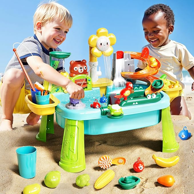 Water Table Play Sink Toys for Toddlers, Kids Play Kitchen Sink with Running Water, 360° Electric Faucet, Floating Fishing Game, Sensory Water Table Toys for Boys Girls Summer Gifts