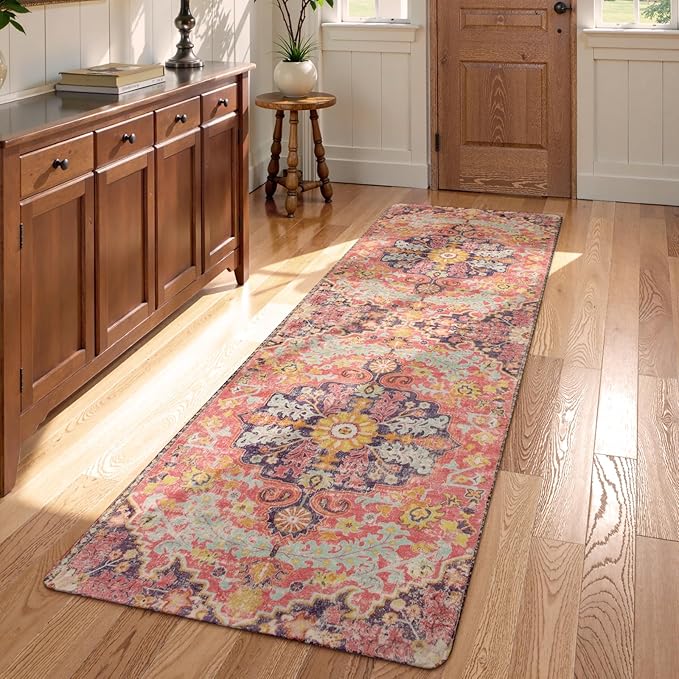 Lahome Bohemian Washable 2x5 Hot Pink Kitchen Runner Rug, Non Slip Bathroom Laundry Room Rug Runner, Floral Medallion Soft Carpet Runners for Entryway Hallway Foyer Decor