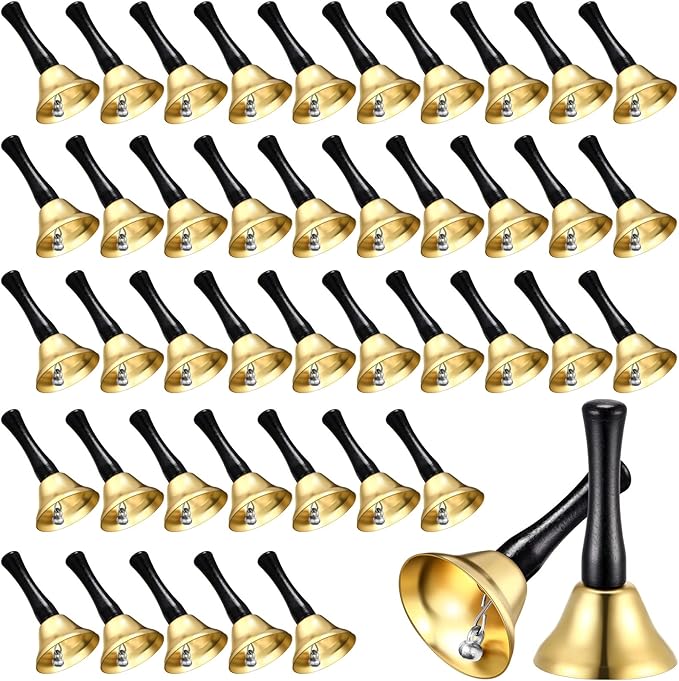 Yeshone 50 Pcs Hand Steel Call Bells Bulk Wedding Dinner Service Bells with Wood Handles for the Sick Elderly Alert Classroom Alarm, 1.97 x 3.66 Inches(Gold)
