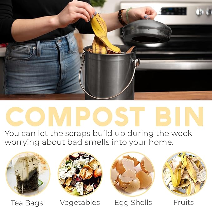 EPICA Countertop Compost Bin Kitchen | 1.3 Gallon | Odorless Composting Bin with Carbon Filters | Indoor Compost Bin with Lid | Stainless Steel Kitchen Composter for Food Scraps & Waste Recycling