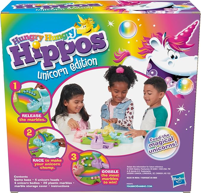 Hasbro Gaming Hungry Hippos Unicorn Edition Pre-School Board Game for Kids Ages 4 and Up; 2-4 Players (Amazon Exclusive)
