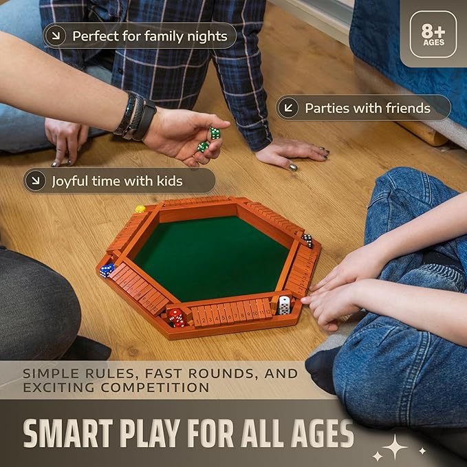 Queensell Shut The Box Game Wooden Board for 1-6 Players - 16-inch Shut The Box Game 12 Numbers for Adults & Kids - Ideal for Games Night