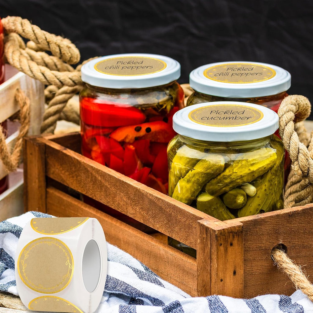 2" Kraft Label Stickers for Jars and Lids, 6 Different Gold Border Designs, Kraft Sticker Labels use for Pantry, Mason Jars, Canning, Bottles- 500pcs