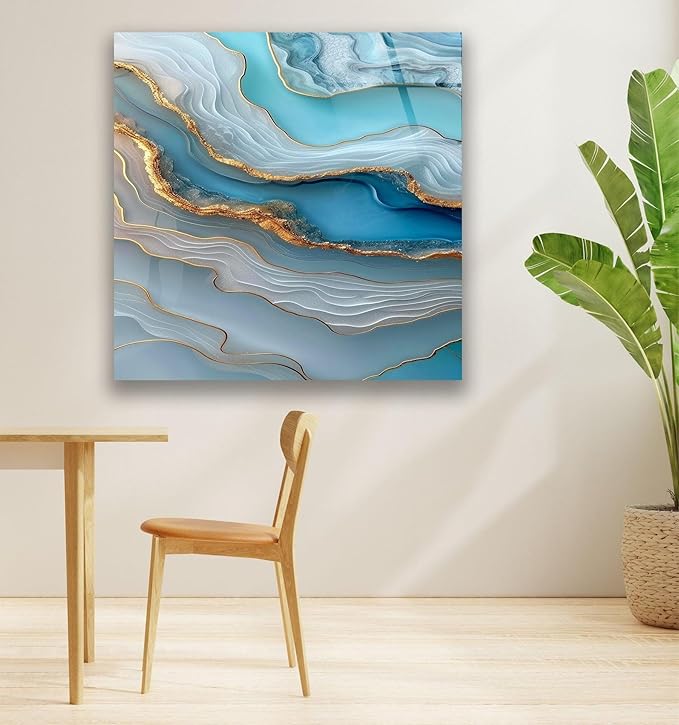 My Photostation.com Round 31,5'' Turquoise and Blue Alcohol ink Glass Wall Art Tempered Glass Printing Wall Decor Large Wall Art Wall Hangings