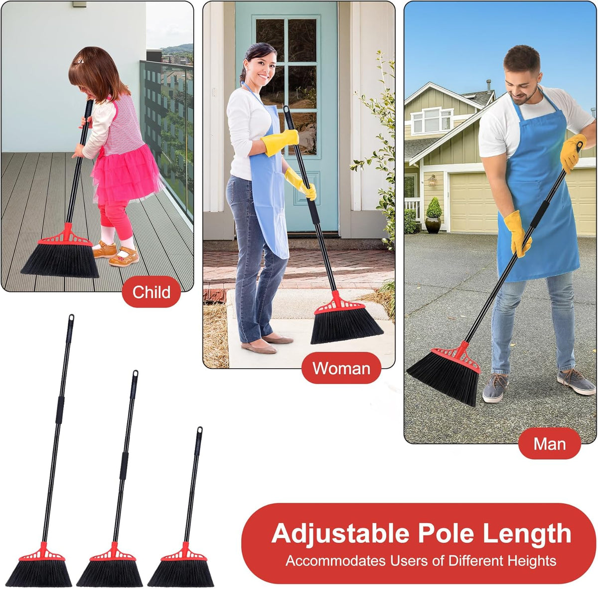 Heavy Duty Angle Broom - 55" Adjustable Iron Handle with Stiff Bristles - Commercial-Grade Indoor/Outdoor Broom for Garage, Patio, Kitchen, Sidewalk & Concrete Cleaning (Black & Red)