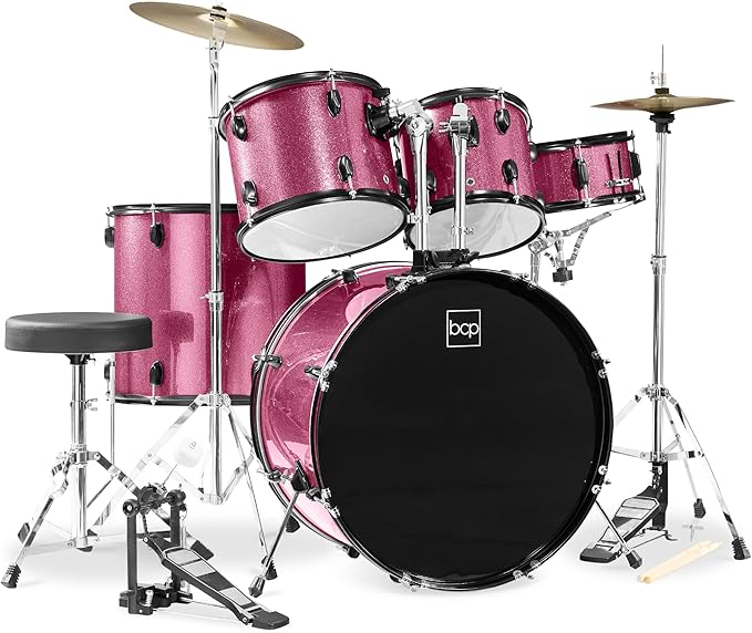 Best Choice Products 5-Piece Full Size Complete Adult Drum Set w/Cymbal Stands, Stool, Drum Pedal, Sticks, Floor Tom - Pink Sparkle