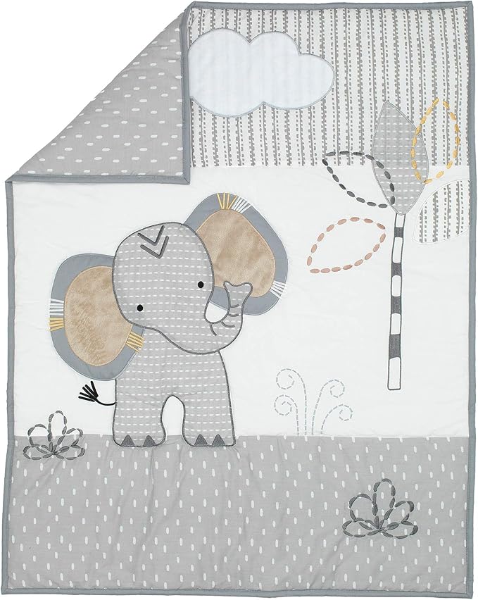 Lambs & Ivy Jungle Safari Elephant 3-Piece Mini Crib Bedding Set - Gray/White