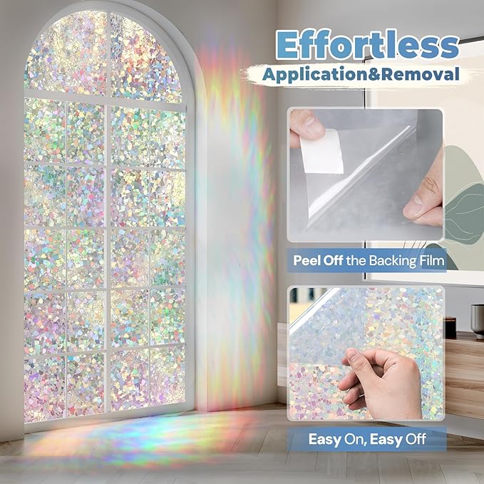 DOWELL Window Privacy Film Rainbow Film, Stained Glass Decorative Sticker, Static Cling Non-Adhesive Glass Clings, Sun Blocking Heat Control Window Coverings for Home Door, 23.6" x 157.4"