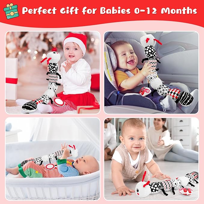 Baby Toys 0-12 Months - Musical Caterpillar Stuffed Animal Soft Plush Toys for Infant Girls Boys 3 6 12 Months Tummy Time Sensory High Contrast Black White Newborn Toys Gifts, W/ Mirror Rattle