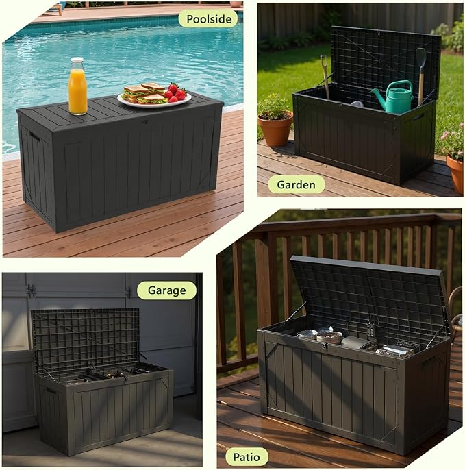 100 Gallon Outdoor Storage Box Waterproof Lockable Resin Deck Box Large, Patio Storage Bin for Pool Accessories Cushion Furniture, Garden Tools, UV-Resistant Outside Delivery Black