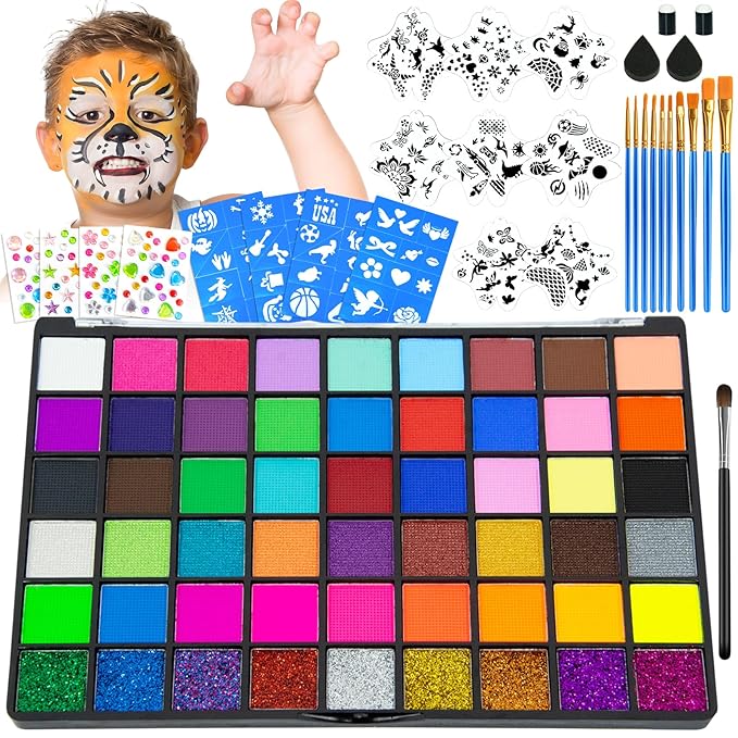 Professional Face Painting Kit for Kids – 54 Color Water Activated Facepaint Makeup Kit, Non-Toxic face Paint with Stencils, Gems, Brushes– for Halloween, Parties, Carnival, School Event & Festivals