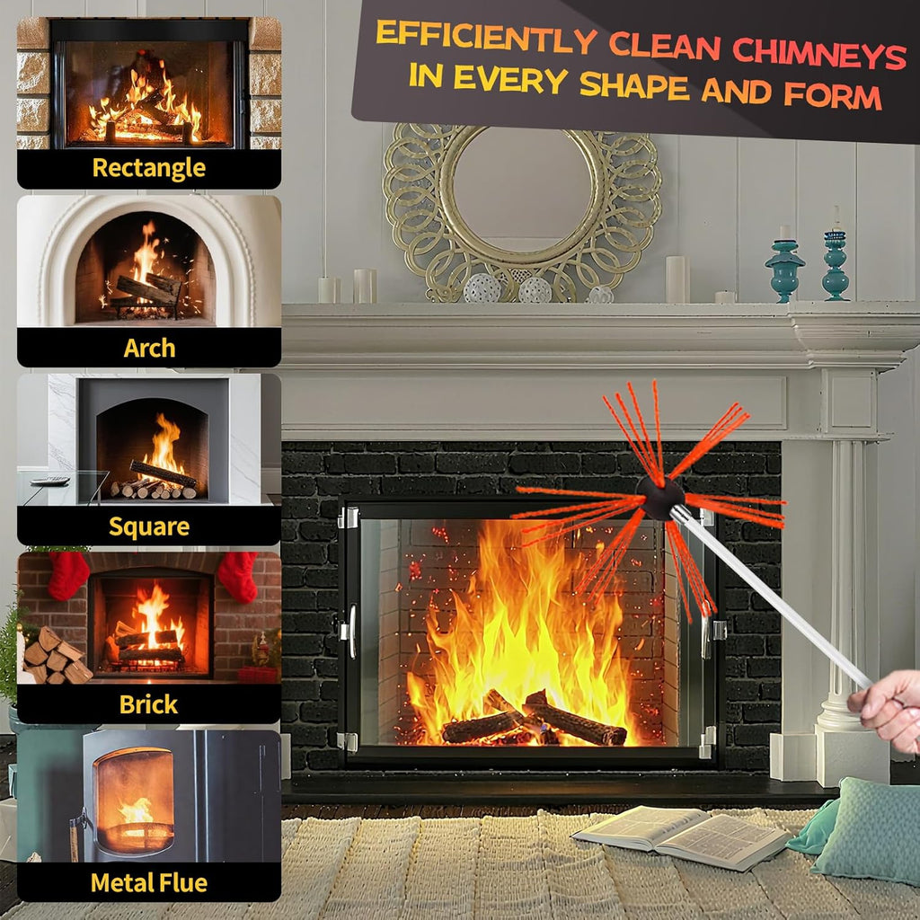 Chimney Sweep Kit - 33 Feet, 10 Flexible Rods, Brush & Drill-Driven Rotary System