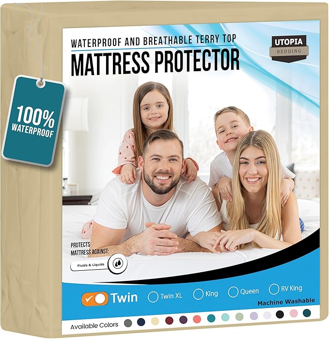Utopia Bedding Waterproof Mattress Protector Twin Size, Premium Terry Mattress Cover 200 GSM, Breathable, Fitted Style with Stretchable Pockets (Beige)