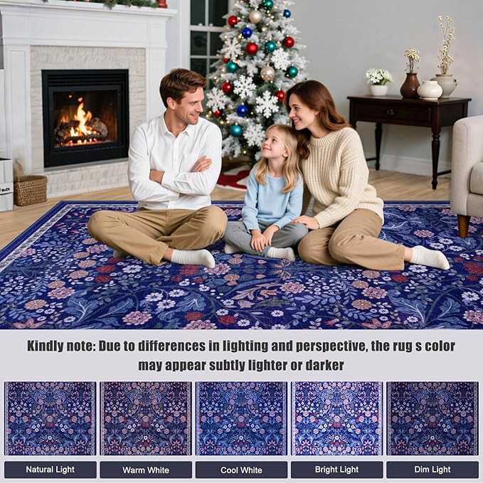 8x10 Area Rugs for Living Room: Floral Washable Rug Vintage Large Soft Boho Non-Slip Carpet Indoor Floor Stain Resistant Carpets for Bedroom Dining Room Farmhouse Nursery Home Office Blue