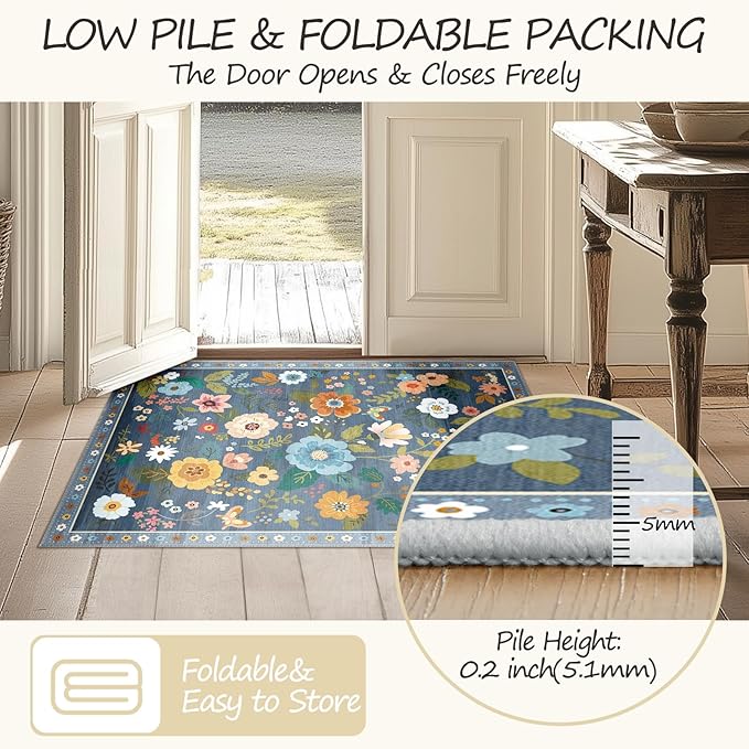Floral 6x9 Area Rug Machine Washable Soft Print Boho Carpet Non Slip Doormat Low Pile Flower Area Rugs for Living Room Bedroom Nursery Kitchen Dining Room Indoor-Blue/Grey