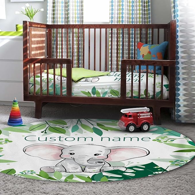 Personalized Baby Crib Bedding Set, Green Elephant Design Custom Name Baby Crib Sets 5-Pcs, Toddler Double Layer Blanket Fitted Sheets Changing Pad Cover Rug Wall Art Set, Charming Nursery Decor