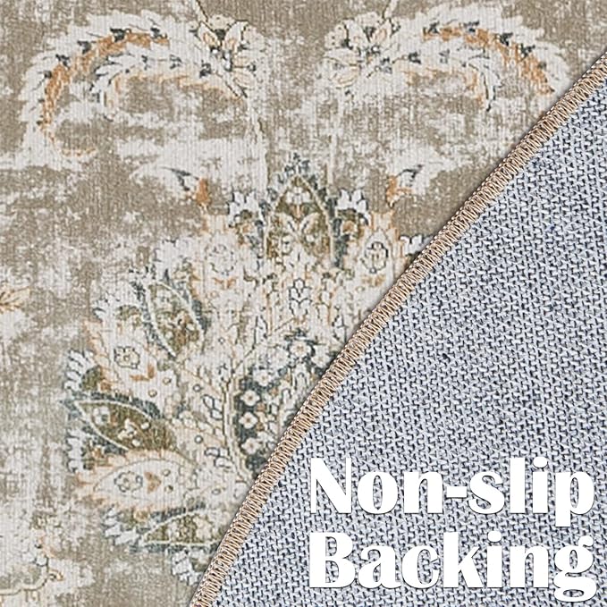 jinchan Round Rug 8ft Area Rugs - Vintage Floral Distressed Design Machine Washable Non-Slip Low-Pile Ultra-Thin Circle Rug for Living Room Dining Room Bedroom Home Office Farmhouse (8' Round,Taupe)