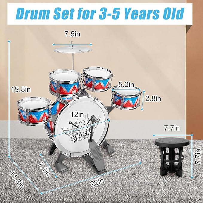 Toddler Drum Set Kids Jazz Drum Kit with Stool Musical Instruments Toys Birthday Chirstmas Easter Gifts for Boys Girls Aged 3 4 5 Year Old