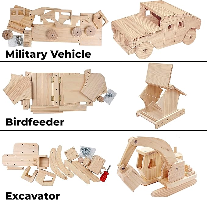 Kraftic Woodworking Building Kit for Kids and Adults, 3 Educational DIY Carpentry Construction Wood Model Kit STEM Toy Projects for Boys and Girls - Wooden Military Vehicle, Excavator and Bird-Feeder