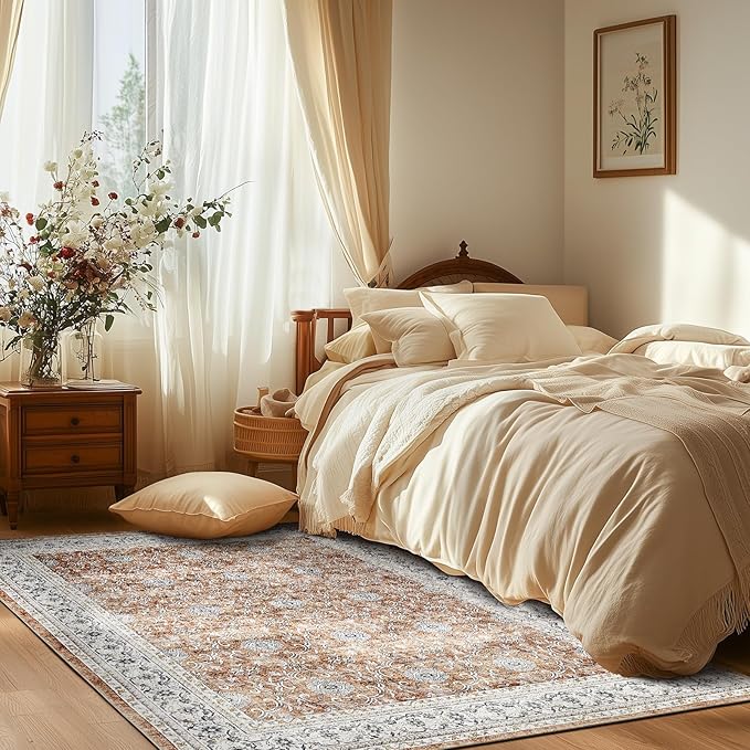 jinchan Floral 5x7 Area Rugs for Bedroom - Machine Washable Vintage Distressed Boho Design Throw Rug Stain Resistant Carpet Low-Pile Thin Non-Slip for Nursery Living Room Dining Room (5‘x7',Orange)