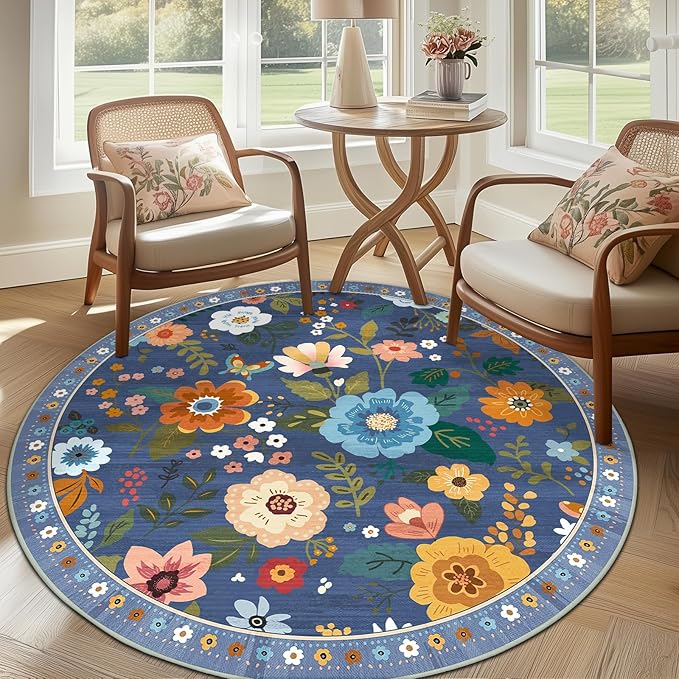 Floral 8ft Area Rug Machine Washable Soft Print Boho Carpet Non Slip Doormat Low Pile Flower Area Rugs for Living Room Bedroom Nursery Kitchen Dining Room Indoor-Blue/Grey