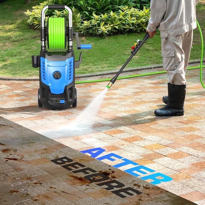 4800 PSI Pressure Cleaner- 4.0 GPM High Power Cleaner with 33FT Hose Reel, 4 Spray Tips and Soap Bottle for Car Washing, Fence Cleaning, Patio Maintenance（Upgraded）(Light Blue)