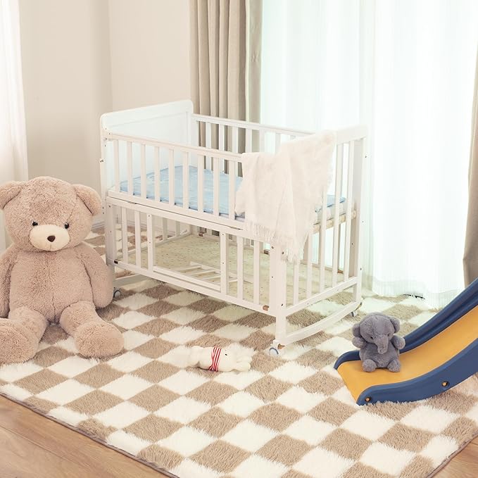 Super Soft Rug for Bedroom, 8x10 Ft Beige and White Area Rug Classic Checkered Shaggy Anti-Skid High Pile Soft Fluffy Rug Fuzzy Carpet for Living Room Bedroom Kids Room Nursery, Dorm Home Decor