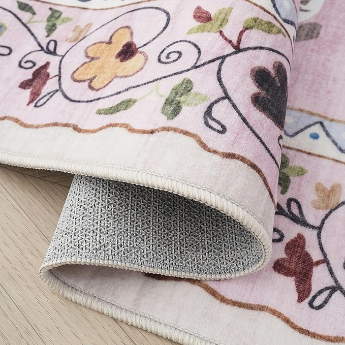 Rugcomf Area Rug 4x6 Rug Washable Boho Rugs Non Slip Low Pile Floral Animal Cat Small Carpet for Bedroom Bedside Kids Room Office Dining Room, Pink