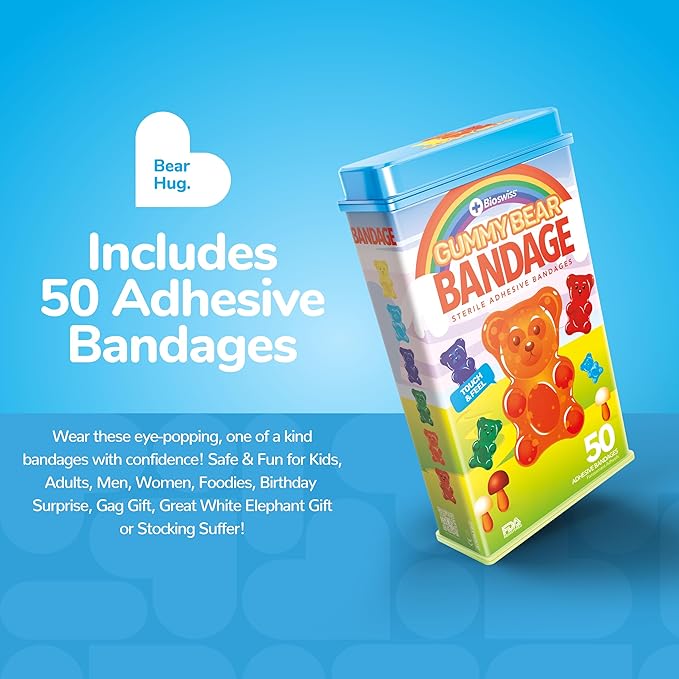 BioSwiss Bandages, Gummy Bear Shaped Self Adhesive Bandage, Latex Free Sterile Wound Care, Fun First Aid Kit Supplies for Kids, 50 Count