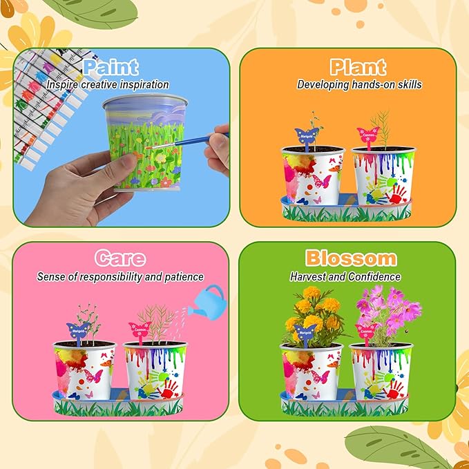 4 Pcs Kids Plant Growing Kit | Kids Gardening Set Crafts for Girls 8-12 | Kid Crafts Ages 4-8, Flower Making Art Kit for Kid 6-9, Plant Growing Set with 4 Zinc Pots, 12 Colors 9ml Paints Girl Gift