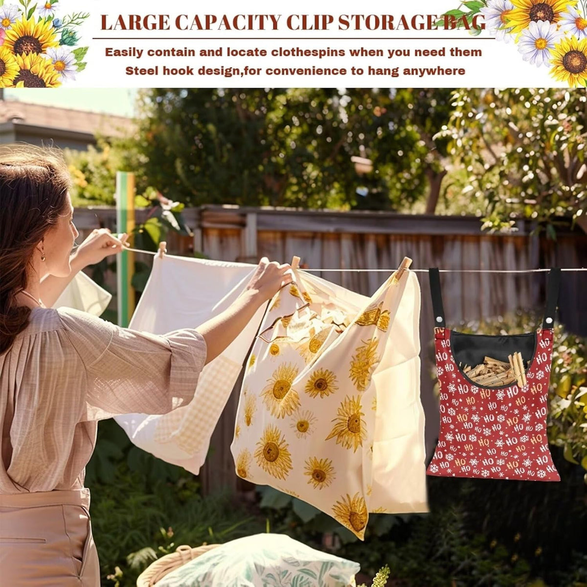 Clothespin Bag with Large Capacity for Mini and Wooden Clothespins with Large Opening Storage Organizer Laundry Hanging Bag - Christmas
