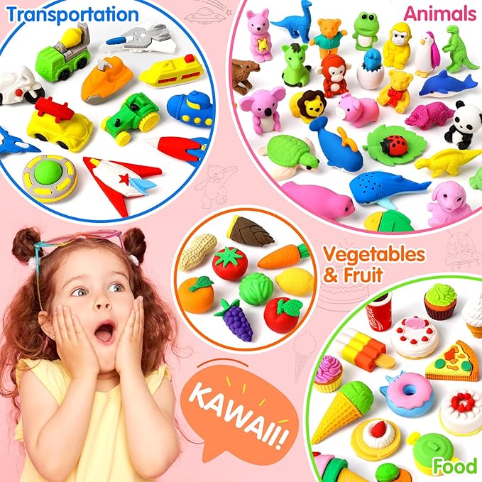 70 Pack Animal Erasers for Kids Bulk Desk Pets Classroom Prizes Treasure Box Toys for Classroom Supplies, 3D Puzzle Mini Erasers Pencil Eraser Back to School Supplies for Kids Party Favors (Random)