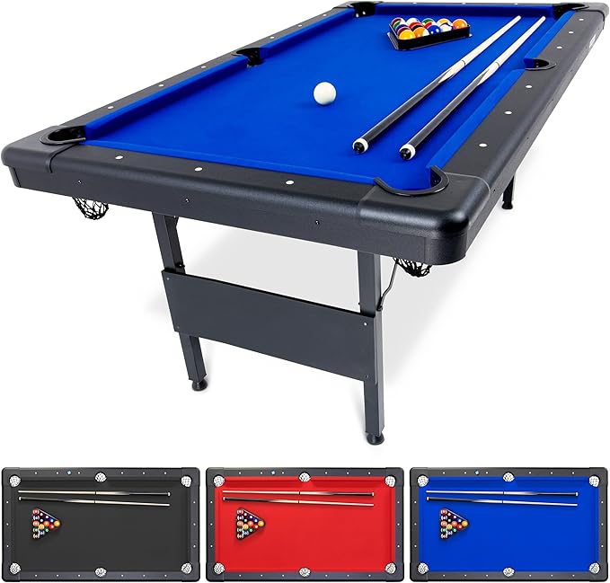 GoSports 6, 7, or 8 ft Billiards Tables - No Assembly, Choose Your Color - Portable Pool Table Includes Full Set of Balls, 2 Cue Sticks, Chalk and Felt Brush
