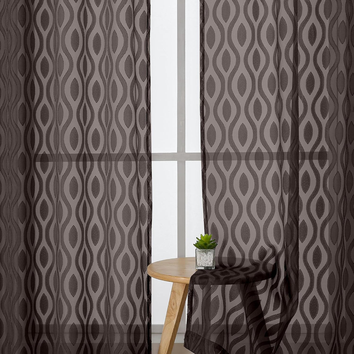 Aiyufeng Brown Sheer Curtains Tiers 36 Inch Length 2 Panels, Airy Lightweight Clip Jacquard Short Kitchen Window Curtains, Modern Wavy Line Textured Voile Sheer Curtain Panles, 40" Wx36 L Inches