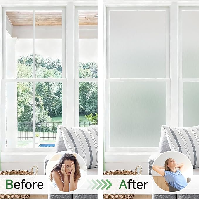 Borsky Frosted Glass Window Film - Static Cling, 96% UV Blocking Non-Adhesive Privacy Window Film, Removable Window Cling with Day & Night Privacy for Bathroom Home Office, 17.5 x 157.4 Inches, Pure