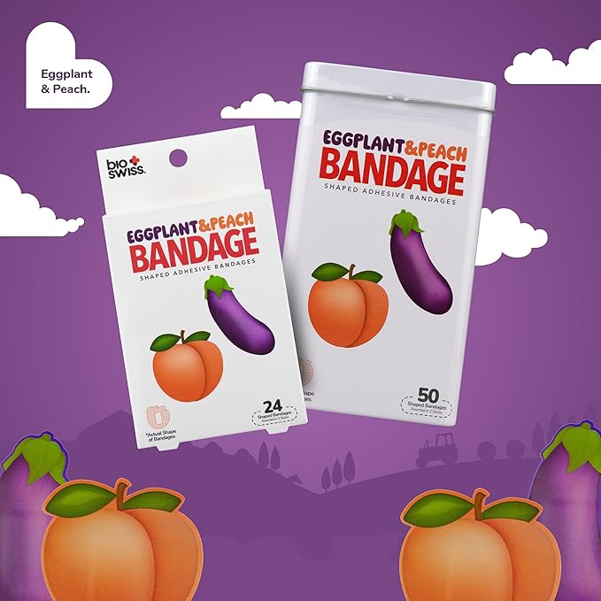 BioSwiss Bandages, Eggplant and Peach Shaped Adult Self Adhesive Bandage, Latex Free Sterile Wound Care, Funny First Aid Kit Supplies for Adults, 24 Count