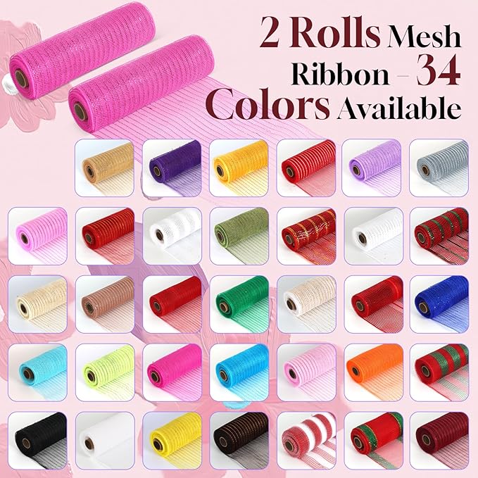 2 Rolls Mesh Ribbon for Wreaths 10 Inch x 30 Foot Wreath Mesh Rolls with Metallic Foil for Easter Christmas Party Wedding Home Decor DIY Craft Projects and Gift Wrapping(Yellow)