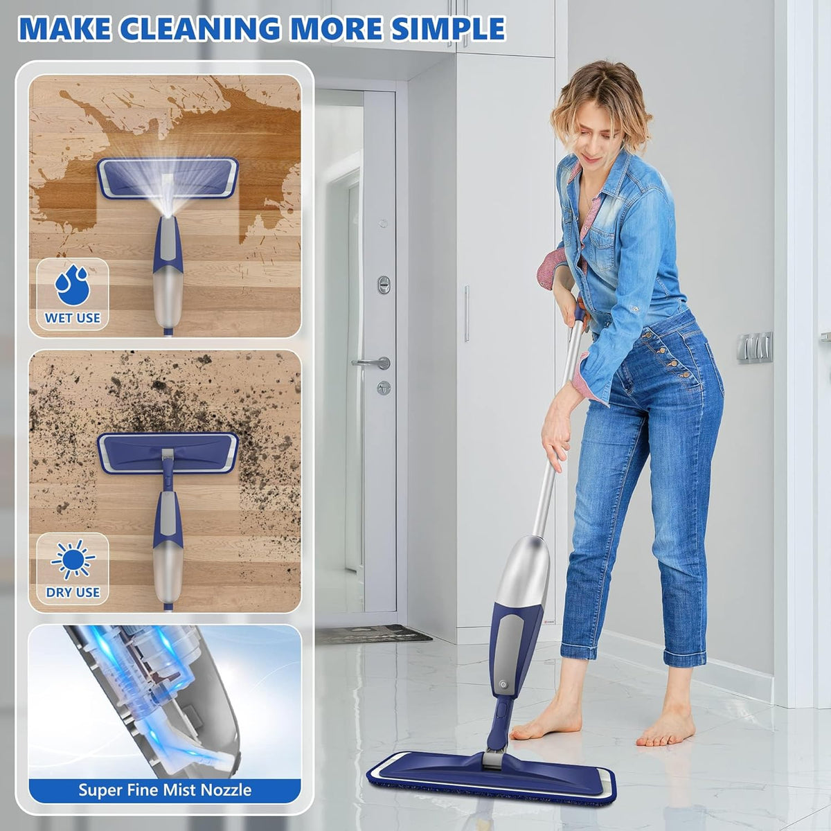 Spray Mops for Floor Cleaning - BPAWA Microfiber Floor Mop Flat Wet Mop Dry Dust Mop for Hardwood Laminate Wood Tile Vinyl Kitchen Bathroom Floors with 4 Washable Pads Reusable 550ML Refillable Bottle