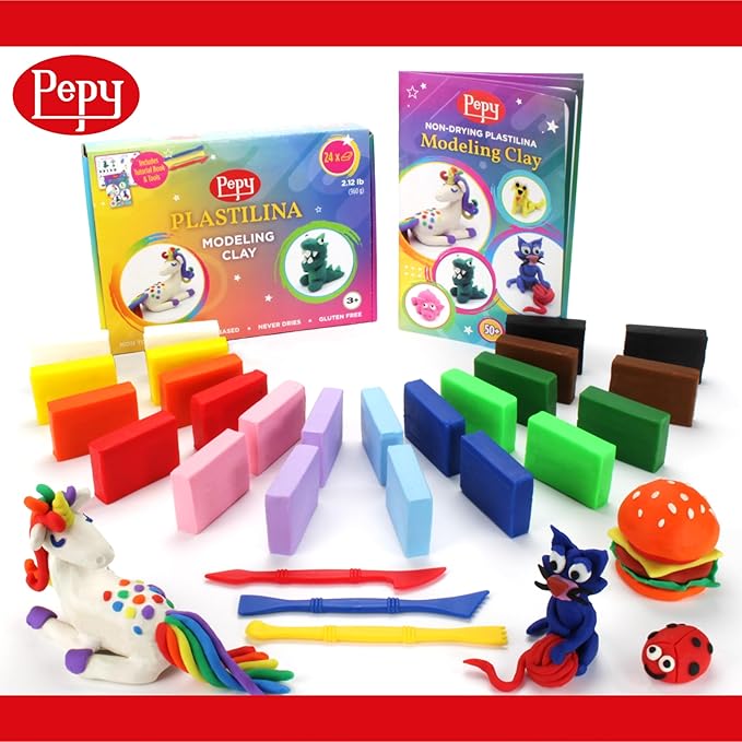Pepy Plastilina Reusable and Non-Drying Modeling Clay Gift; Set of 24 Bars with Modeling Tools & Tutorial, 2 Each of 12 Colors, 1.4 oz Bars, Perfect for Arts and Crafts Projects