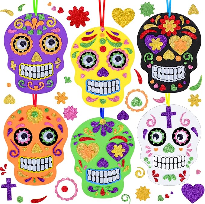 Fennoral 12 Pack Day of The Dead Craft Kits for Kids Make You Own Skull Foam Stickers Ornament DIY Arts and Crafts for Girls Boys Halloween Party Favors Supplies Halloween Decoration