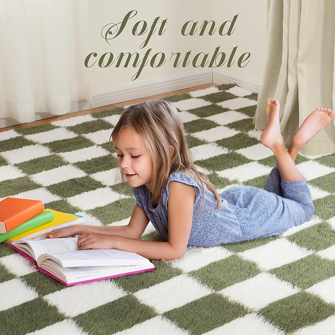Super Soft Rug for Bedroom, 8x10 Ft Green and White Area Rug Classic Checkered Shaggy Anti-Skid High Pile Soft Fluffy Rug Fuzzy Carpet for Living Room Bedroom Kids Room Nursery, Dorm Home Decor