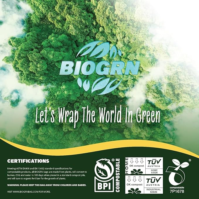 60-64 Gallon Compostable Trash Bags 12 Bags with Flat-Top Large Compost Bags Thick 1.57 Mil, 242.72 Liter Lawn and Yard Waste Bag for Outdoor Garden ASTM D6400, US BPI and OK Compost Home Certified
