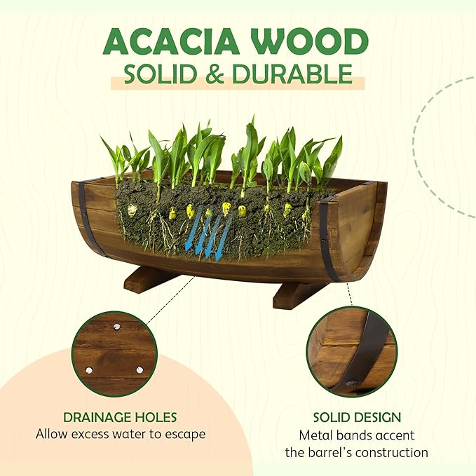 IDZO Solid Acacia Wood Half Barrel Planters Outdoor Set of 2 Different Sizes, Wooden Planters for Outdoor Plants with Metal Bands & Drainage Holes, Legs Included, Brown