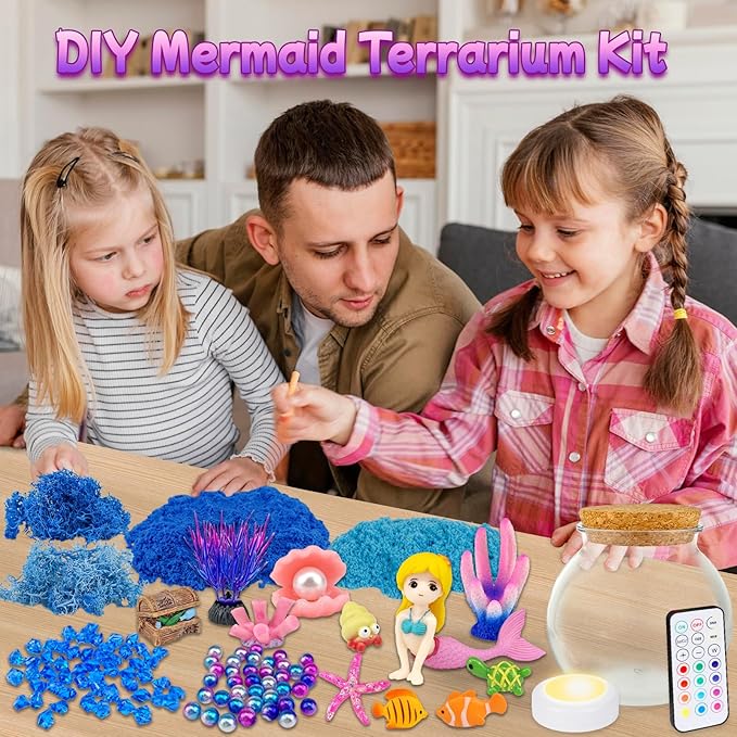 Mermaid Terrarium Craft Kit for Kids - LED Night Light Up & Remote Mermaid Birthday Gifts Toys for Girls Age 5 6 7 8 9 10 11 12 Year Old
