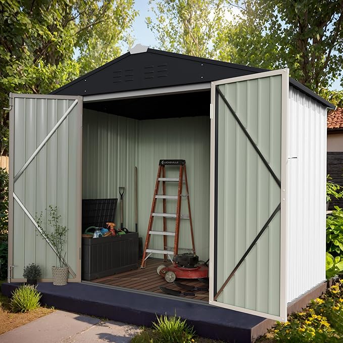 GUNJI 8 x 6 FT Shed Outdoor Storage Shed Metal Garden Shed with Lockable Door Outside Waterproof Tool Shed for Backyard, Patio, Lawn (White)