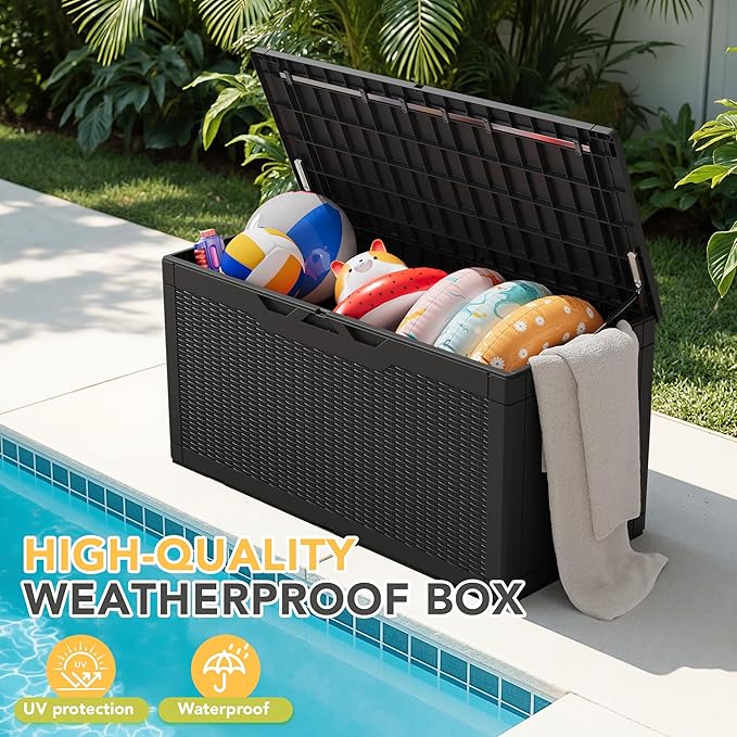 Greesum 100 Gallon Resin Deck Box Lockable Large Outdoor Storage Boxes for Garden Tools, Patio Furniture Cushions, Pool Supplies, Black