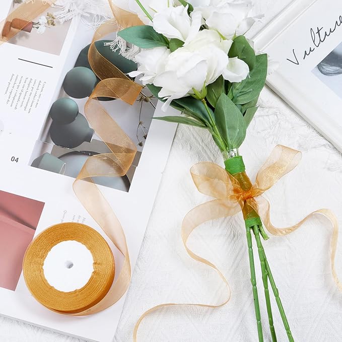 Ribbon for Gift Wrapping 3/4 inch Gold Sheer Organza Ribbon for Flower Bouquet Tulle Thin Chiffon Ribbons for Wedding Invitations Christmas Halloween Presents Decorations Crafts 50 Yards