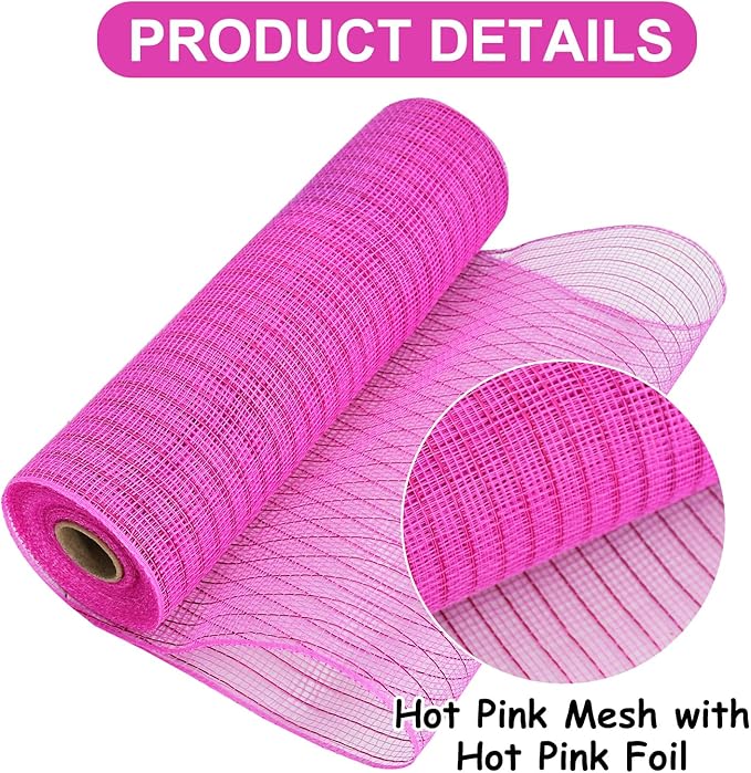 TONIFUL 2 Rolls 10 Inch Hotpink Decorative Mesh Ribbbon Rolls, Fabric Mesh with Foil for Wreath Supplies, Front Door Wreath Crafts Tree Decor Christmas NewYears Halloween Decoration (10 yds/roll)