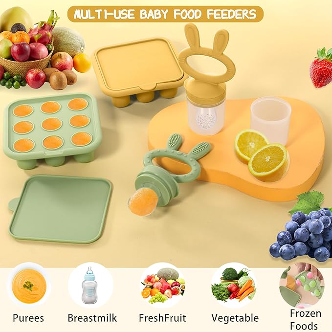 WAJIAYON Baby Breastmilk Popsicle Molds & Baby Fruit Feeder (2 Pack), Baby Food Freezer Tray Storage Containers, Silicone Teething Pacifier Feeder and Teether for Babies,Baby Feeder - Yellow